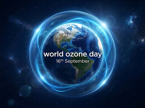 World ozone day 16th september conceptual illustration with earth surrounded by a glowing protective atmospheric shield in space