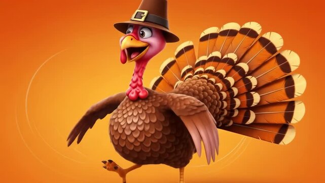 Funny cartoon turkey wearing a pilgrim hat celebrating Thanksgiving holiday.