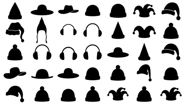 Hats and Holiday Headwear Silhouette Icon Set &mdash; Black Santa, Jester and Beanie Collection