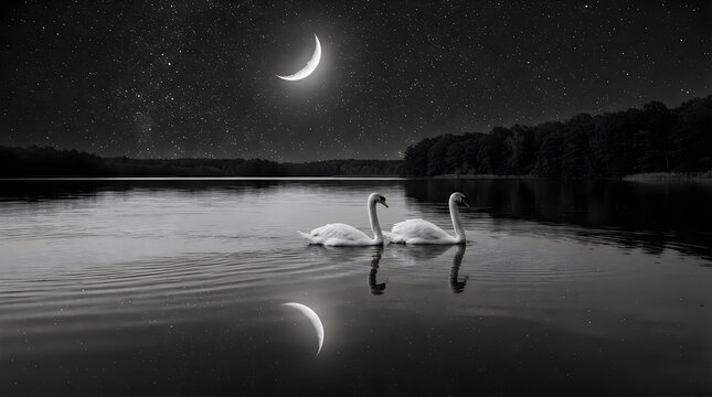 Two swans swimming on a lake under a crescent moon at night illustration