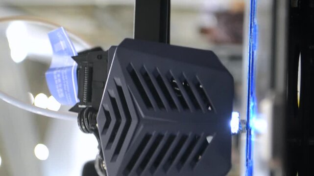 Process printing on 3D printer. The 3D printing process from molten plastic blue color. 3D printing technology. FDM technologies. Fused Deposition Modeling. Additive manufacturing. Vertical