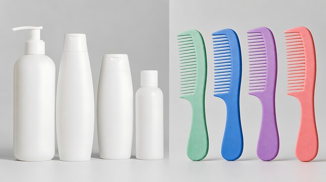 White plastic shampoo bottles next to colorful plastic hair combs on grey background, personal care packaging concept