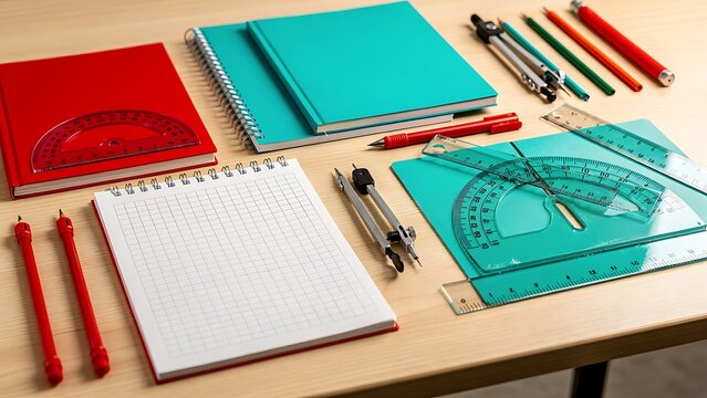 School Supplies and Stationery for Mathematics and Geometry on a Desk.