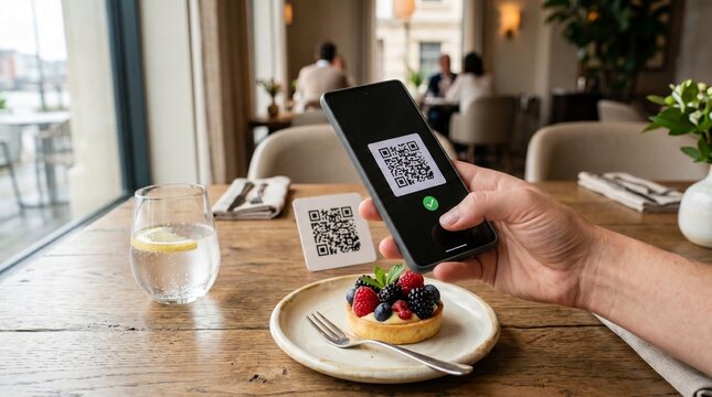 A person using a smartphone to scan a QR code at a restaurant table with a fruit tart