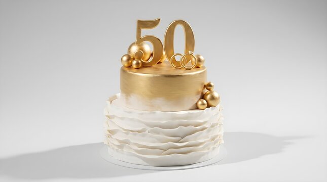 Two tier golden fiftieth anniversary cake with decorative spheres, fifty year