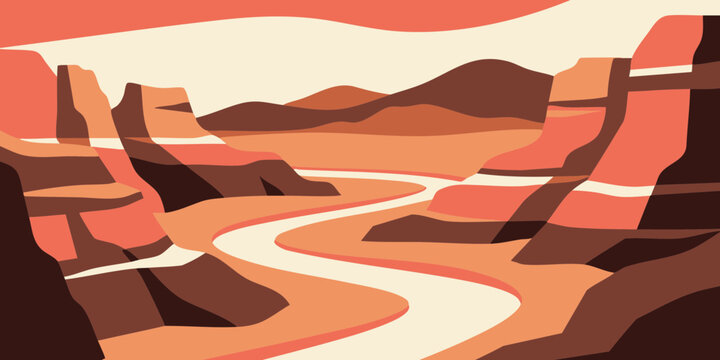 Stylized desert canyon landscape illustration featuring layered red rock formations and a winding river in a minimalist flat vector style