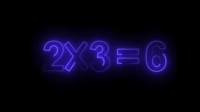 Mathematics equation two times three equals six glowing in vivid purple neon light against a dark background, representing educational concepts in modern digital design and learning software visuals.