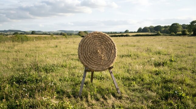 Traditional straw target in a green countryside field.