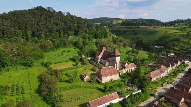 aerial view of medieval church of Copsa Mare, Sibiu, Transylvania, Romania