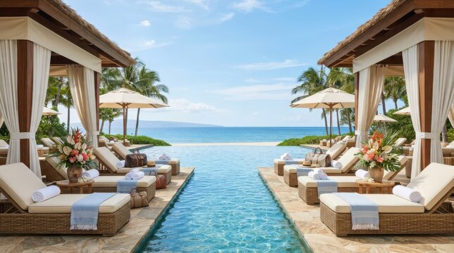 Luxury tropical resort swimming pool with private cabanas and comfortable lounge chairs overlooking the beautiful ocean beach