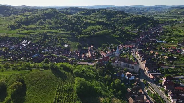 Aerial view of Mosna fortified church in Sibiu