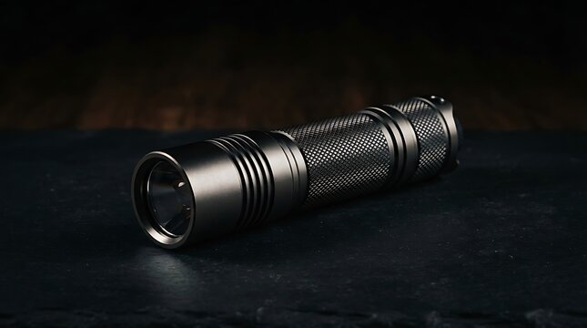Powerful tactical flashlight on dark textured background.