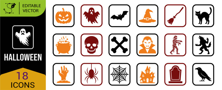 A large collection of halloween icons with traditional spooky imagery perfect for many different design projects and seasonal celebrations
