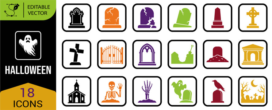 A comprehensive collection of 20 vibrant halloween icons perfect for digital designs spooky celebrations and festive seasonal projects offering versatile usage