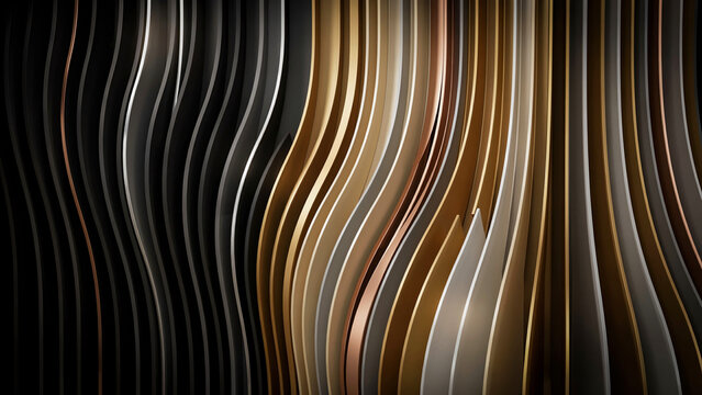 Abstract 3D Render Featuring Flowing Metallic Curves and Vertical Wavy Lines in Gold Bronze and Silver Textures for Elegant Modern Background Design