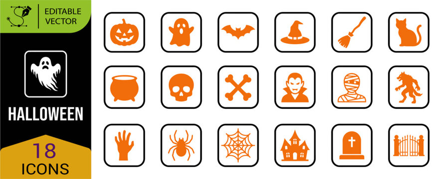 A comprehensive collection of 16 halloween icons featuring classic symbols of spooky season and festive celebrations for graphic design projects