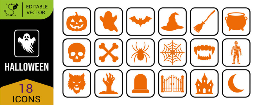 A spooktacular halloween icon set featuring classic imagery ghosts pumpkins witches skeletons and more for festive designs and projects