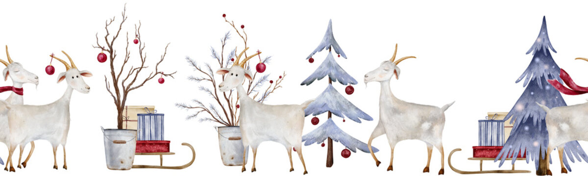 Seamless horizontal border with watercolor illustration of goats in winter holiday scene. Hand-painted animals alongside snowy pine trees, red ornaments, and wrapped gifts. Christmas frame for holiday