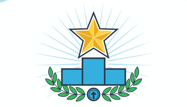 Winner podium with shiny golden star and green laurel wreath, representing victory, success, and high achievement.