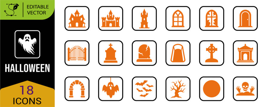 Extensive collection of halloween icons including ghosts pumpkins witches bats and other elements for creating spooky and festive designs