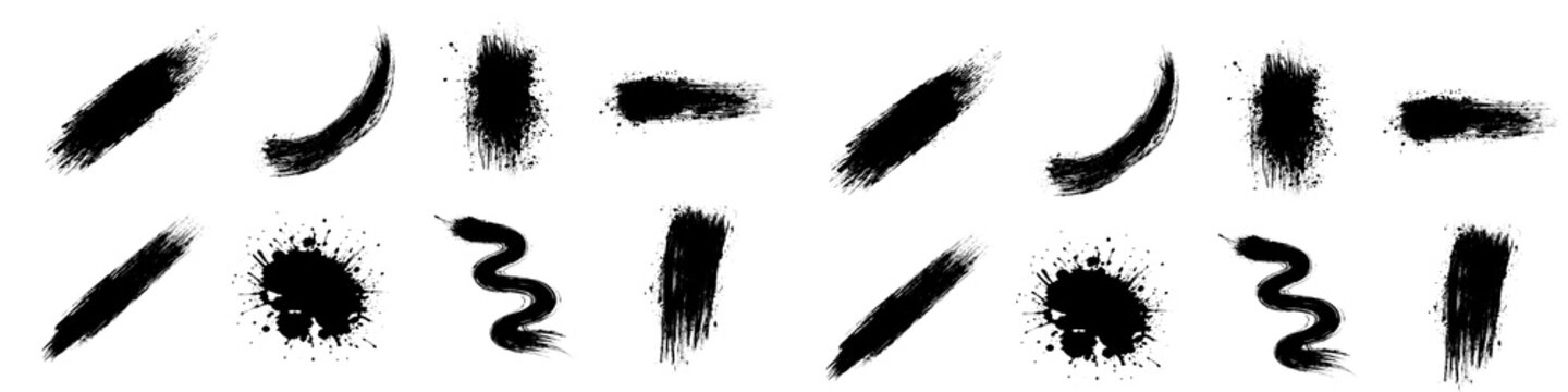 Set of black ink brush strokes and paint splashes isolated on transparent background
