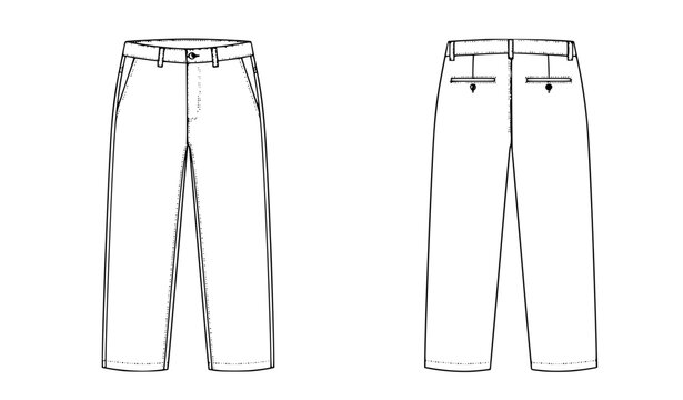 Relaxed fit men's chino pants front and back fashion flat technical vector template