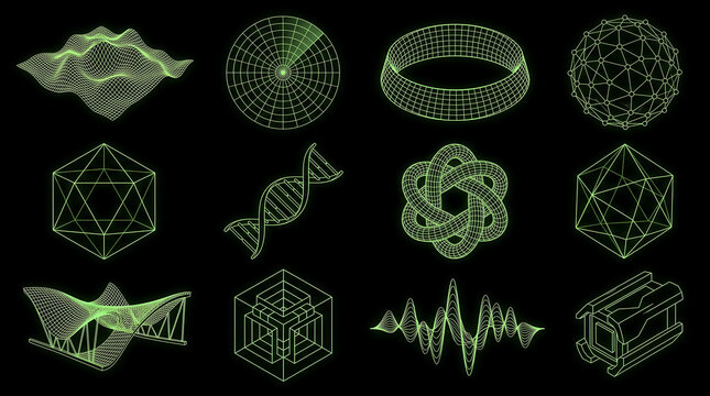 Neon green digital wireframe geometric shapes collection set against solid deep black background surface