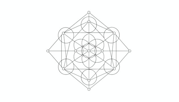 Metatrons cube sacred geometry symbol showing complex intersecting circles and lines representing cosmic harmony.