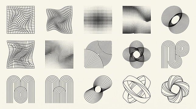 Minimalist geometric abstract vector elements collection with halftone dot gradients neutral background