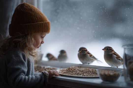 Small child scattering birdseed across a snow-covered windowsill to attract winter birds