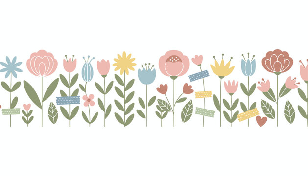 Pastel colored wild flowers and leaves seamless border pattern decorated with cute adhesive tape illustrations.