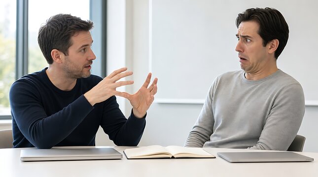 Expressive man looking shocked and disgusted while colleague passionately explains bizarre idea, bad presentation concept