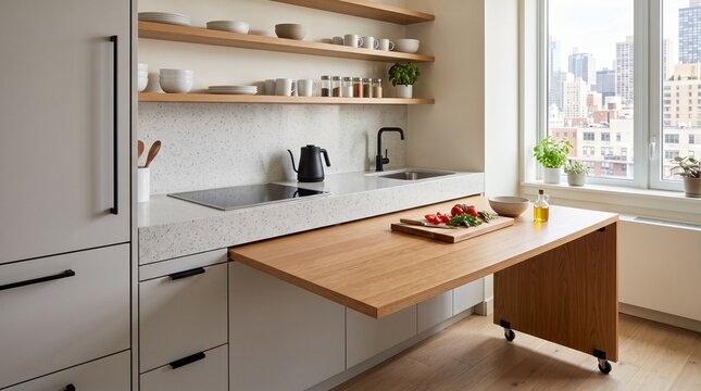 Modern Kitchen Interior with Foldable Dining Table and City View.