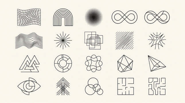 Minimalist geometric abstract symbol collection featuring diverse linear shapes and intricate pattern designs for modern