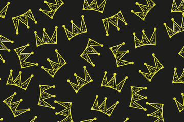 Abstract pattern of yellow hand-drawn decorative crowns with dot and triangle details scattered over a solid dark charcoal background for royal themed designs and backdrops. © ekosetya