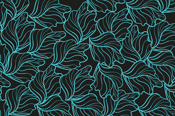Fototapeta premium Abstract botanical line art pattern featuring cyan teal organic leaf shapes with flowing wavy contours over a dark charcoal black background for modern aesthetic design.