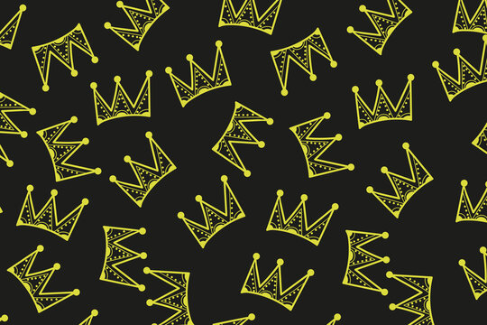 Abstract pattern of yellow hand-drawn decorative crowns with dot and triangle details scattered over a solid dark charcoal background for royal themed designs and backdrops.