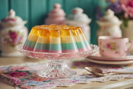 Retro jelly dessert arranged in delicate pastel layers, with a glossy finish and nostalgic molded presentation
