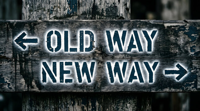 Weathered wooden signpointing traditional versus modern pathways with rustic wooden sign faded directional arrows labeled Old Way New Way evoking nostalgia contrast against dark