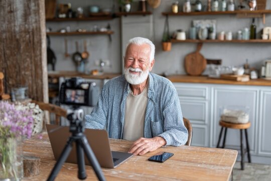 Older man hosting a live video broadcast from his kitchen, speaking directly to an audience through his smartphone