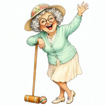 Cheerful Grandma with Croquet Mallet