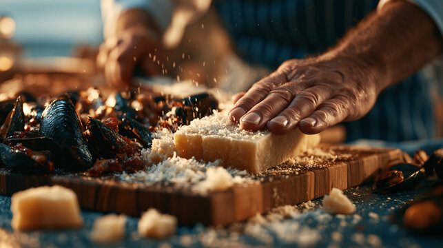 Hands grating hard cheese onto a wooden board with other ingredients nearby, food prepara