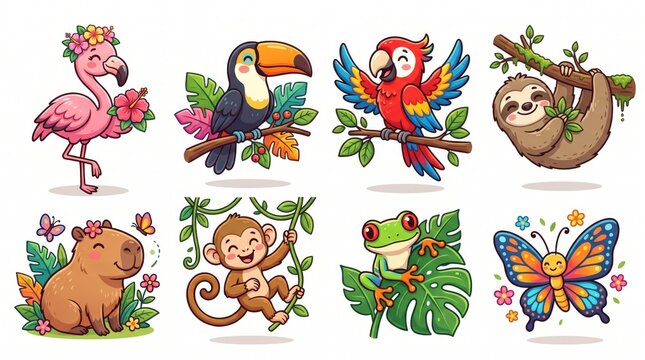 Cute animals music festival band concert vector illustration. Cute lion, elephant, bear, panda, monkey playing instrument stage performance.