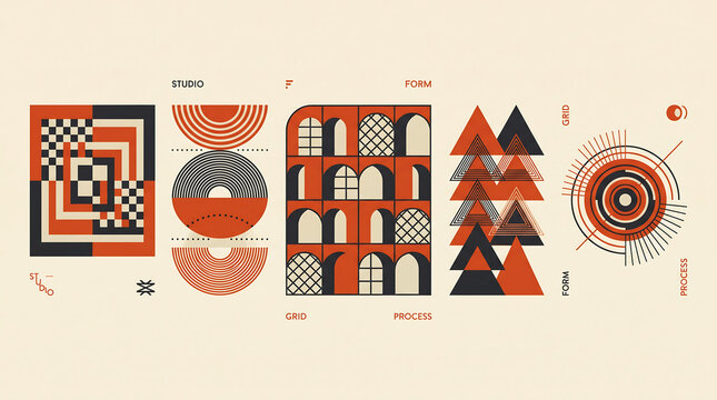 Abstract geometric design elements set in a modern bauhausinspired style, featuring various shapes, patterns, and grids
