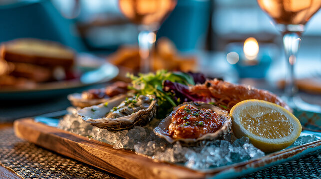 Fresh oysters served on crushed ice platter with lemon and wine pairing, shellfish