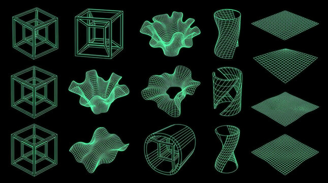 Set of 3d wireframe geometric shapes, abstract wavy surfaces, and grid planes isolated on black background
