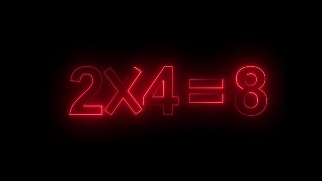 Neon equation glowing bright red on a dark background showing numbers multiplied together accurately.