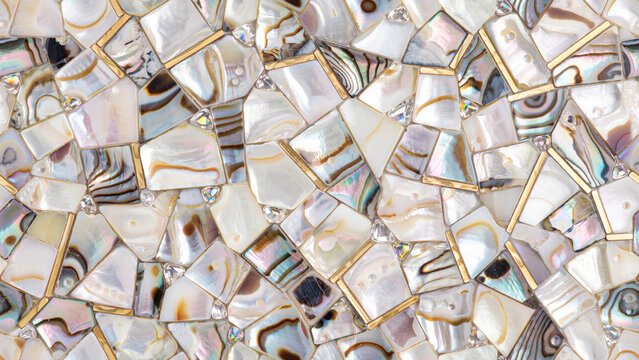 Luxurious Mother of Pearl Mosaic Tiles with Golden Grout Lines for Interior Design Background