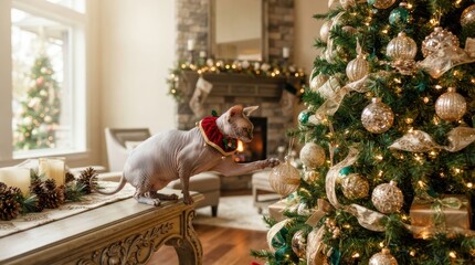 Fototapeta premium Sphynx cat wearing a festive collar curiously touches a Christmas tree ornament