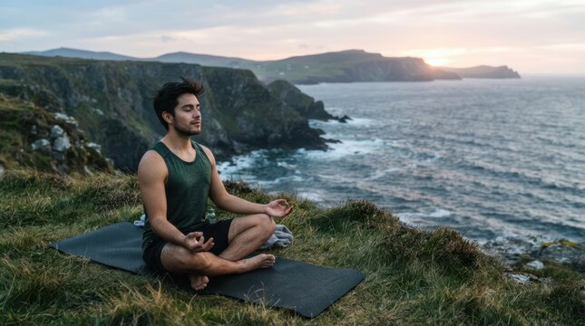 Man meditating peacefully on a cliff overlooking the ocean at sunset